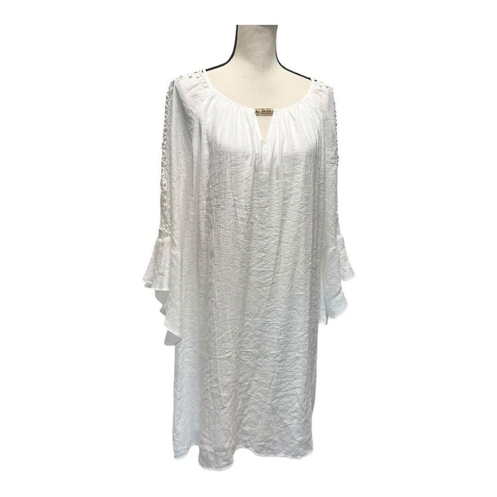 Indigo Rose Womens Dress White Bell Sleeve Mini Shift Boho Lattice Sleeve XL New - Picture 2 of 11